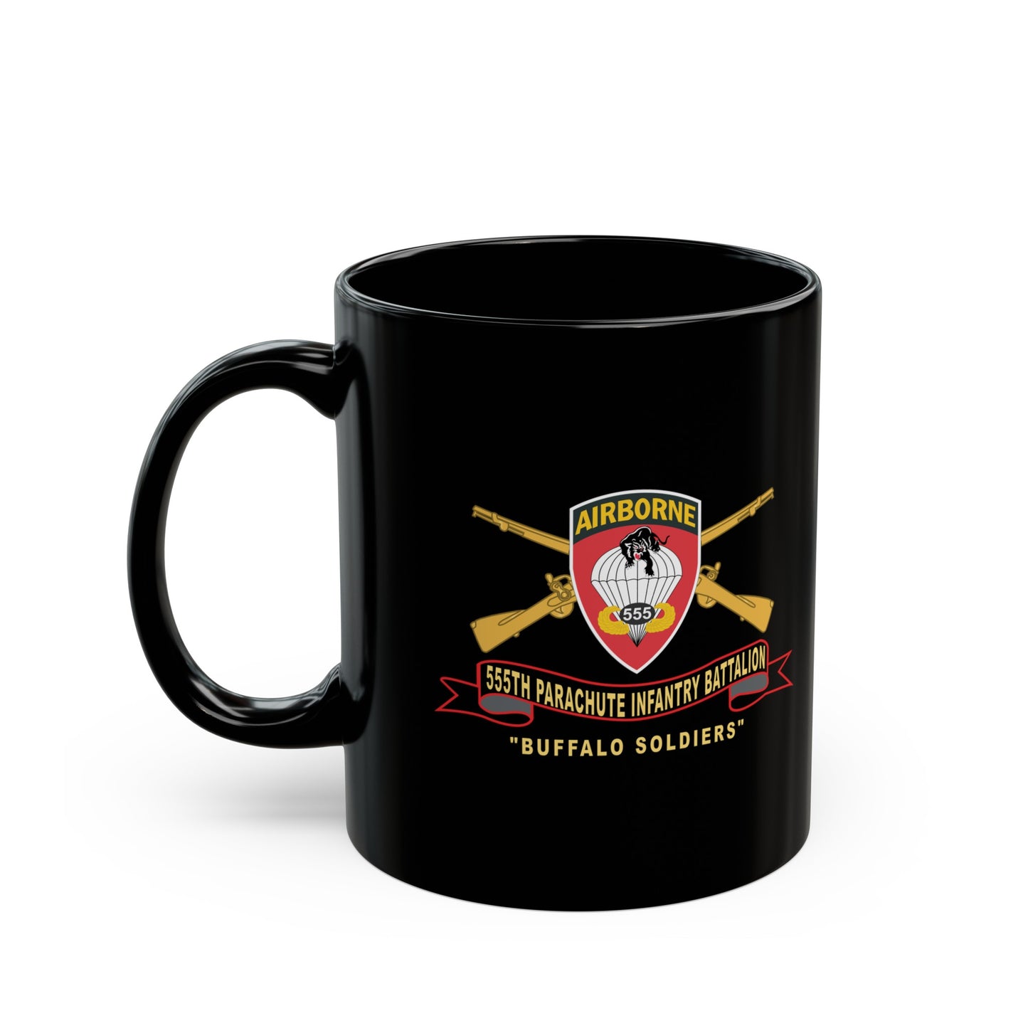 Black Mug 15oz - Army - 555th Parachute Infantry Battalion - SSI - Black - Red Buffalo Soldiers w Br - Ribbon X 300