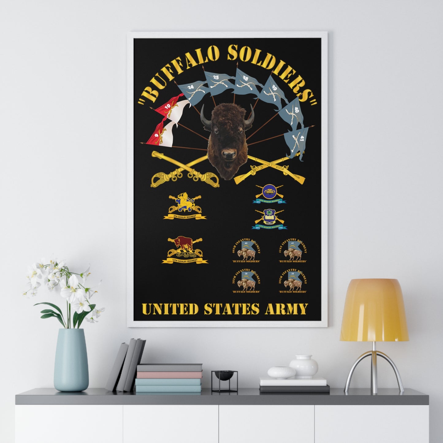 Vertical Framed Poster - Buffalo Soldiers Infantry Cavalry Guidons with Buffalo Head and Unit Crests US Army