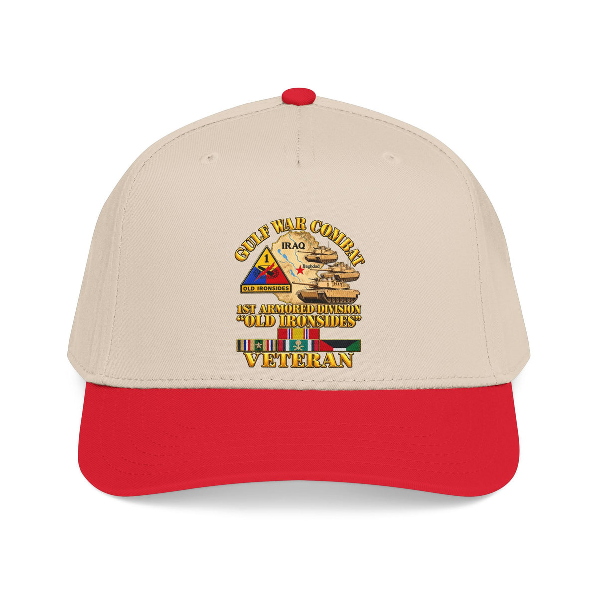 Mid Profile Baseball Cap - Army - Gulf War Combat - 1st Armored Divi - Old Ironsides - Veteran - Map w GULF SVC - 3D - Enhanced