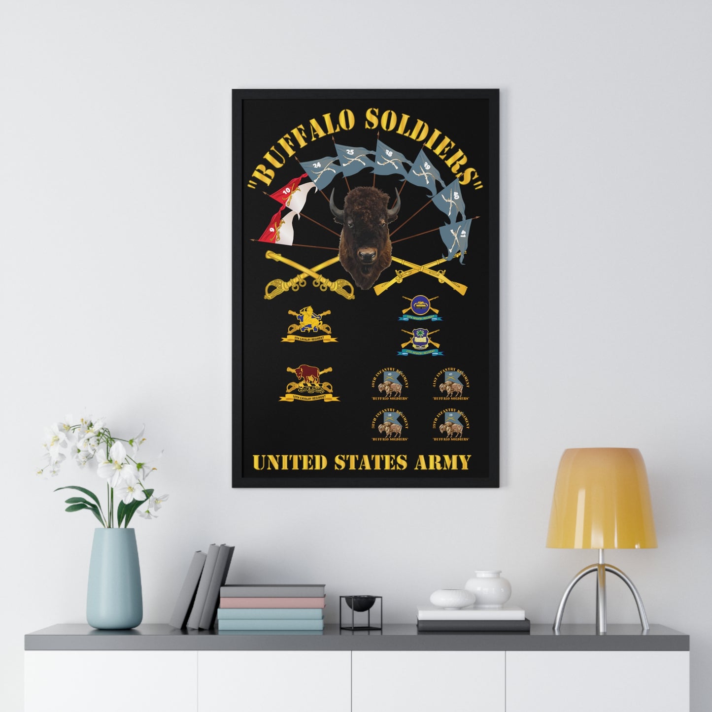 Vertical Framed Poster - Buffalo Soldiers Infantry Cavalry Guidons with Buffalo Head and Unit Crests US Army