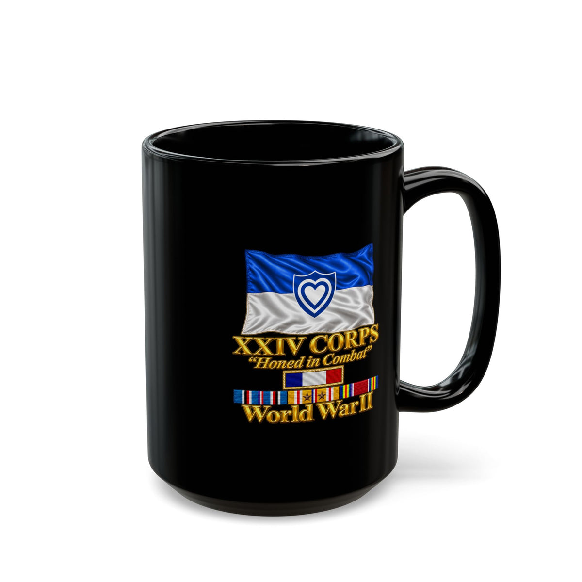 Black Mug (15oz) - Army - XXIV Corps Flag - Waving - Ribbons - World War II - 3D - Transparent