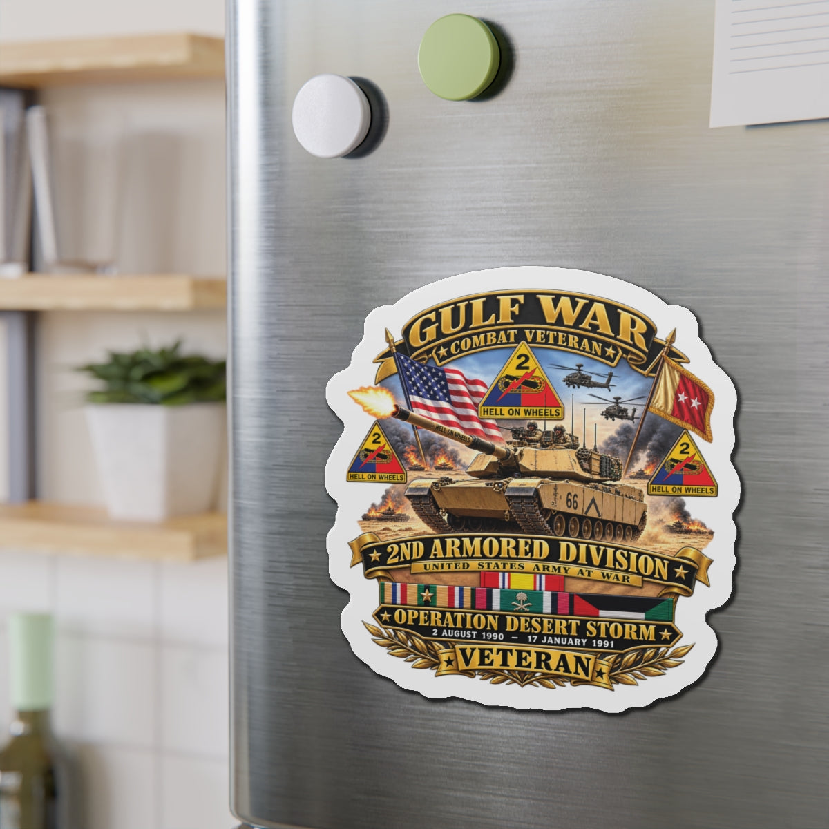Die-Cut Magnets — Army - Desert Storm - 2nd Armored Div - Combat Vereran Veteran w GULF SVC - 3D - Enhanced