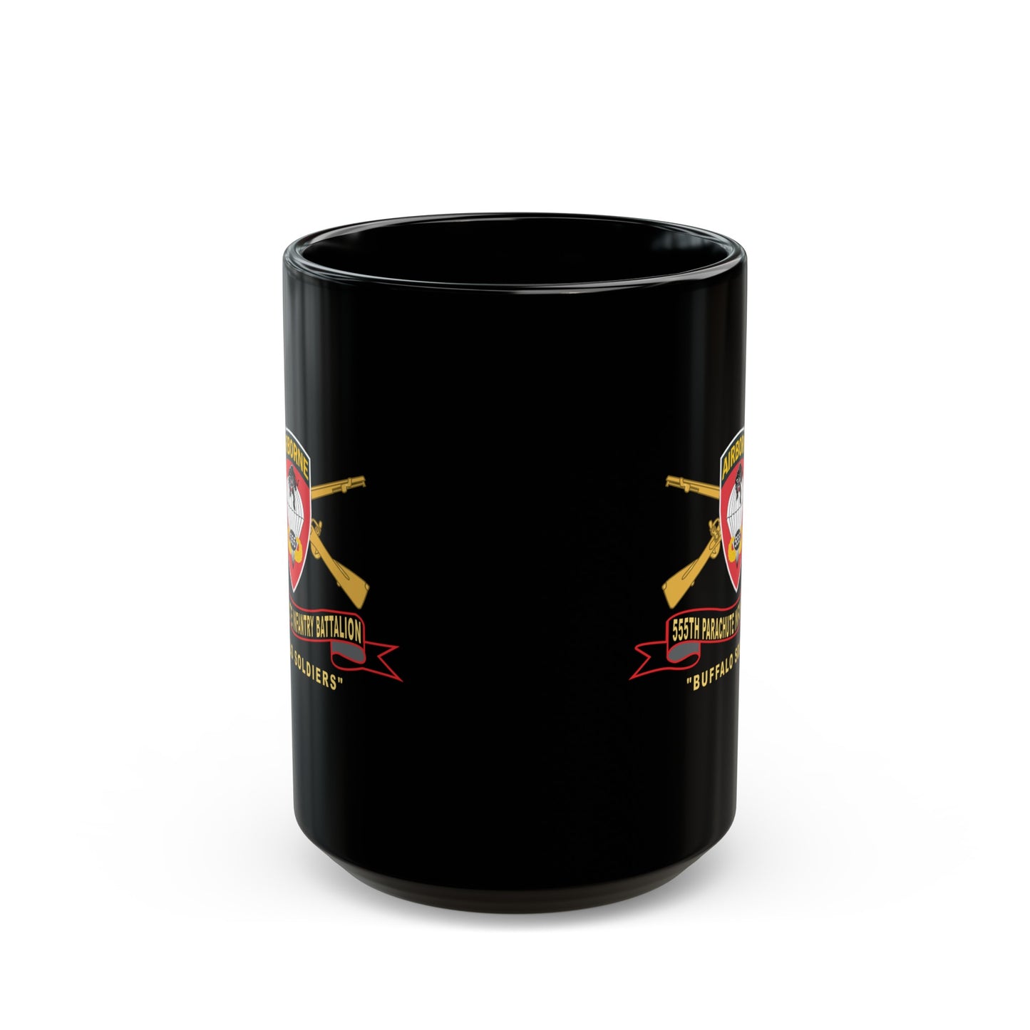 Black Mug 15oz - Army - 555th Parachute Infantry Battalion - SSI - Black - Red Buffalo Soldiers w Br - Ribbon X 300