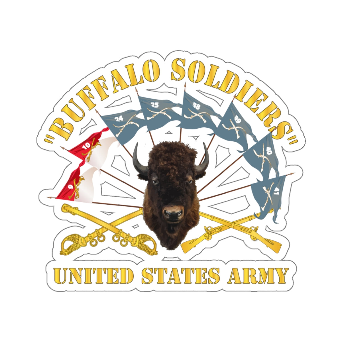 Kiss-Cut Stickers - Army - Buffalo Soldiers - Infantry - Cavalry Guidons w Buffalo Head - US Army X 300
