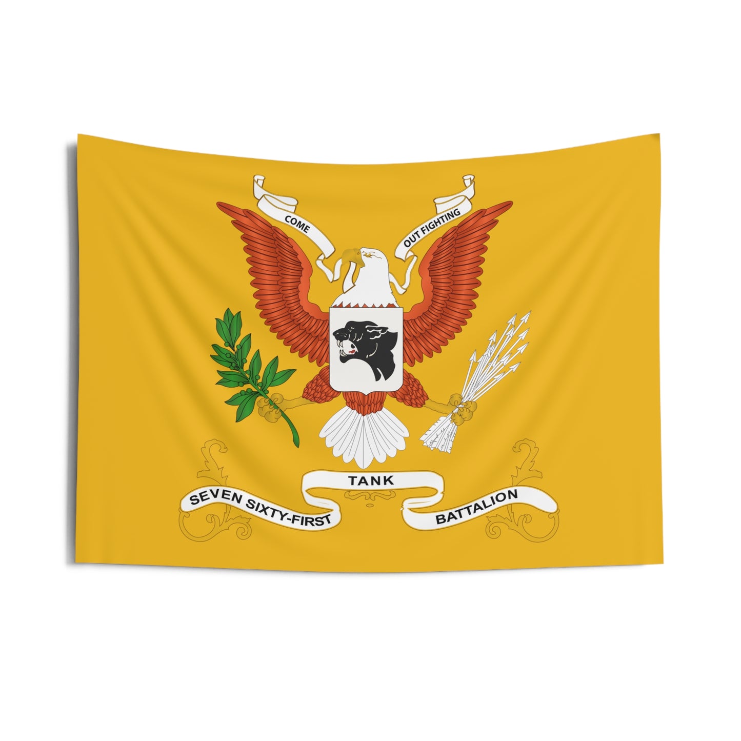 Indoor Wall Tapestries - 761st Tank Battalion - Battalion Colors Tapestry with Armor Branch Background - "Come Out Fighting"