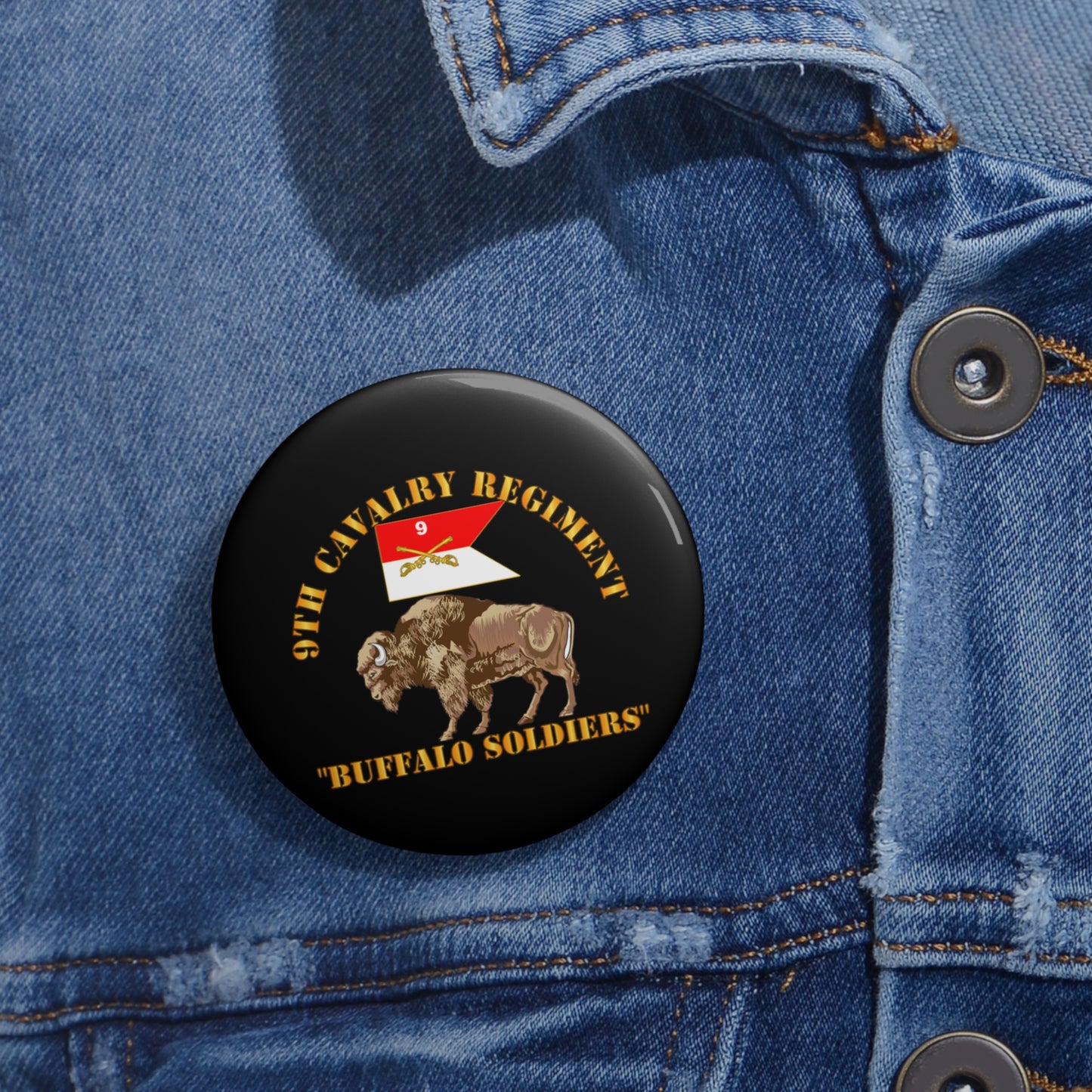 Custom Pin Buttons - Army - 9th Cavalry Regiment - Buffalo Soldiers w 9th Cav Guidon