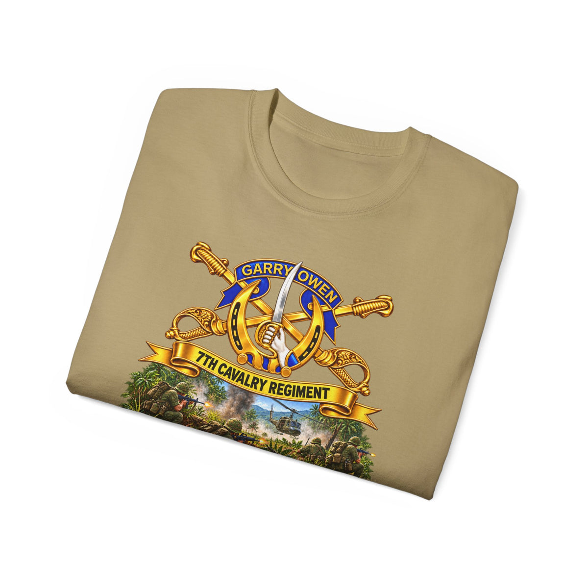 Unisex Ultra Cotton Tee - 7th Cavalry Regiment - DUI, Br, Ribbon w Battle of Ia drang Valley Scene - Vietnam - 3D - Transparent