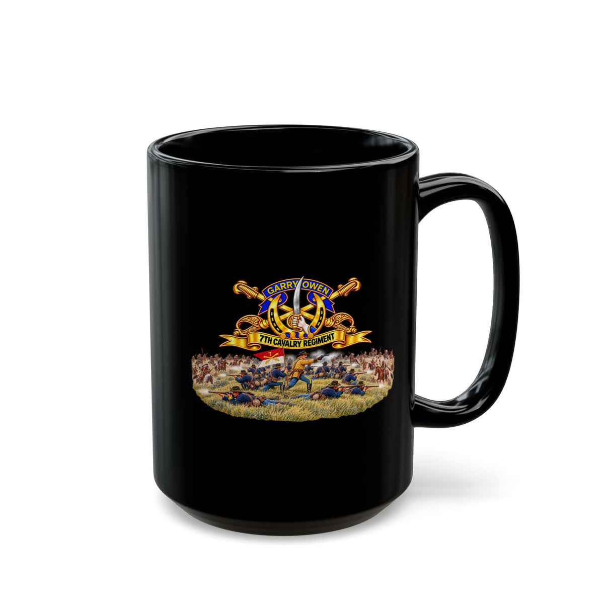 Black Mug (15oz) - 7th Cavalry Regiment - DUI, Br, Ribbon w Battle of Little Big Horn Scene - 3D - Transparent
