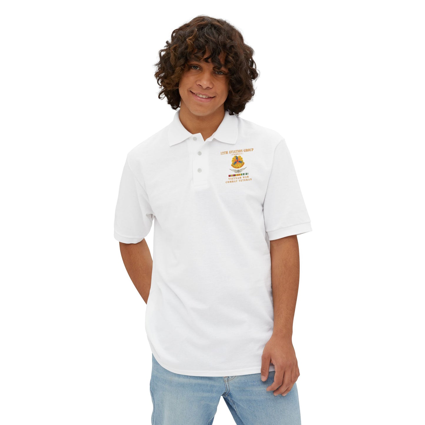 Men's Casual Piqué Polo - Army - 12th  AVN Group, Combat -  DUI - Aircrew, Vietnam War - Veteran VN SVC X 300