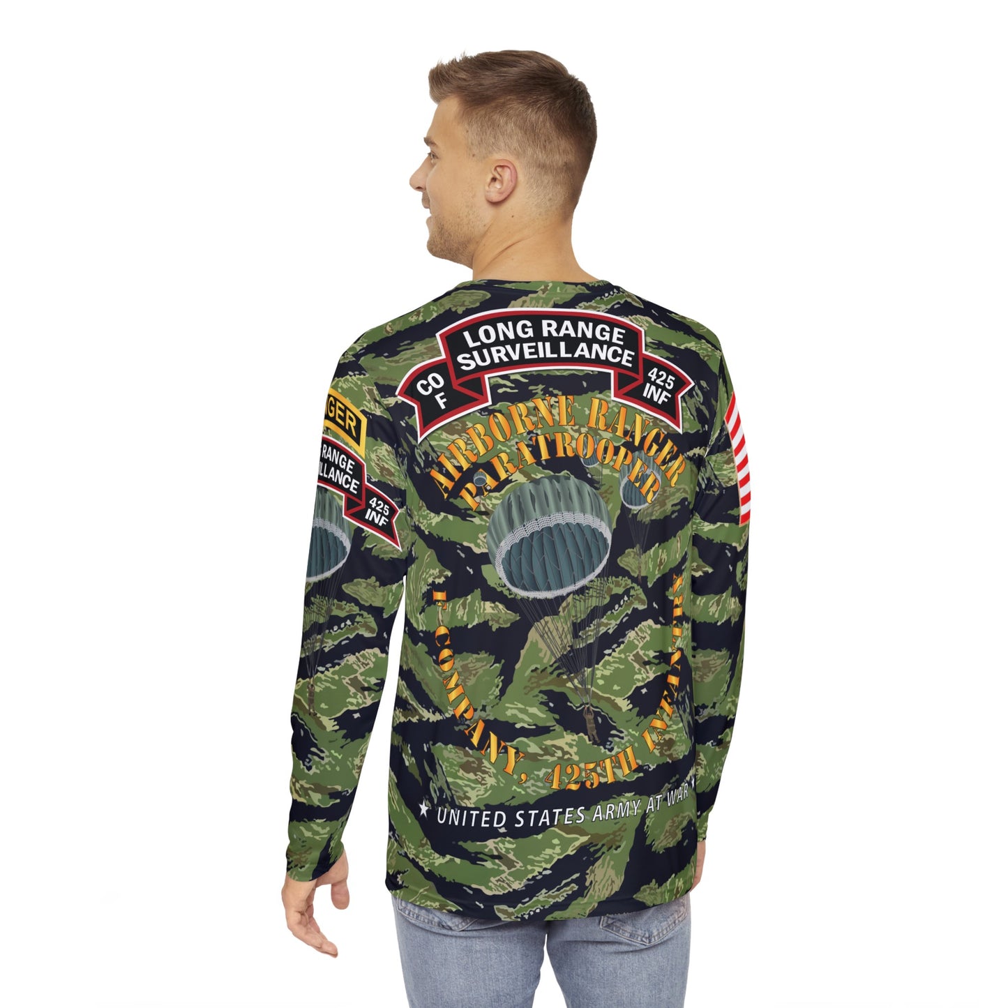 Men's Long Sleeve Shirt (AOP) - F Company, 425th Long Range Surveillance (RANGER) - Military Tiger Stripe Jungle Camouflage Shirt