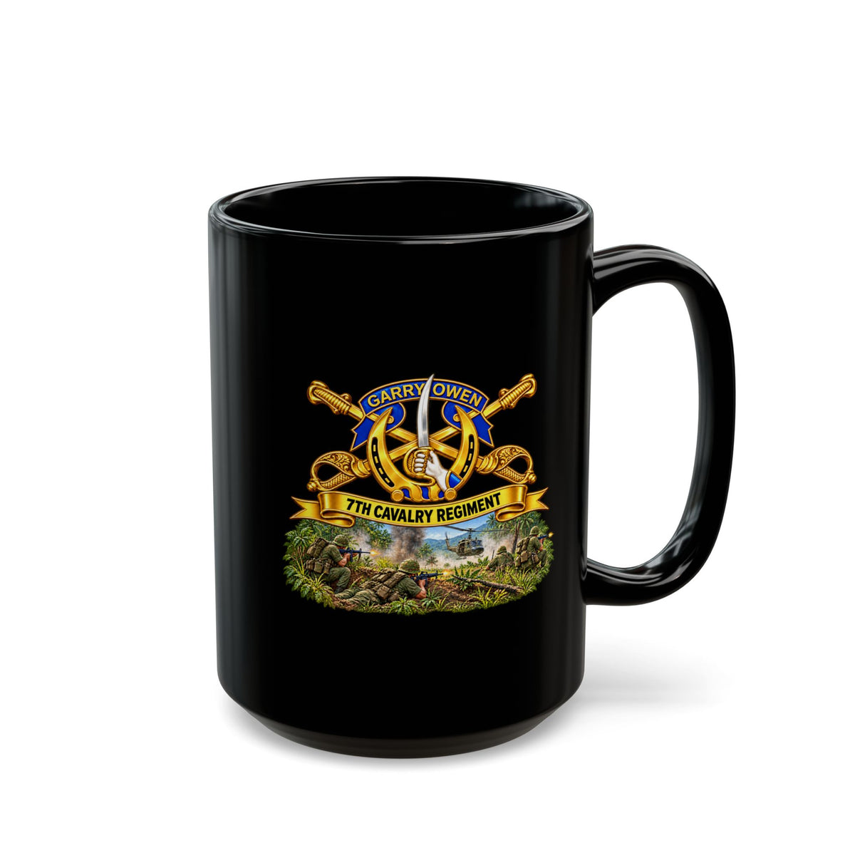 Black Mug (15oz) - 7th Cavalry Regiment - DUI, Br, Ribbon w Battle of Ia drang Valley Scene - Vietnam - 3D - Transparent