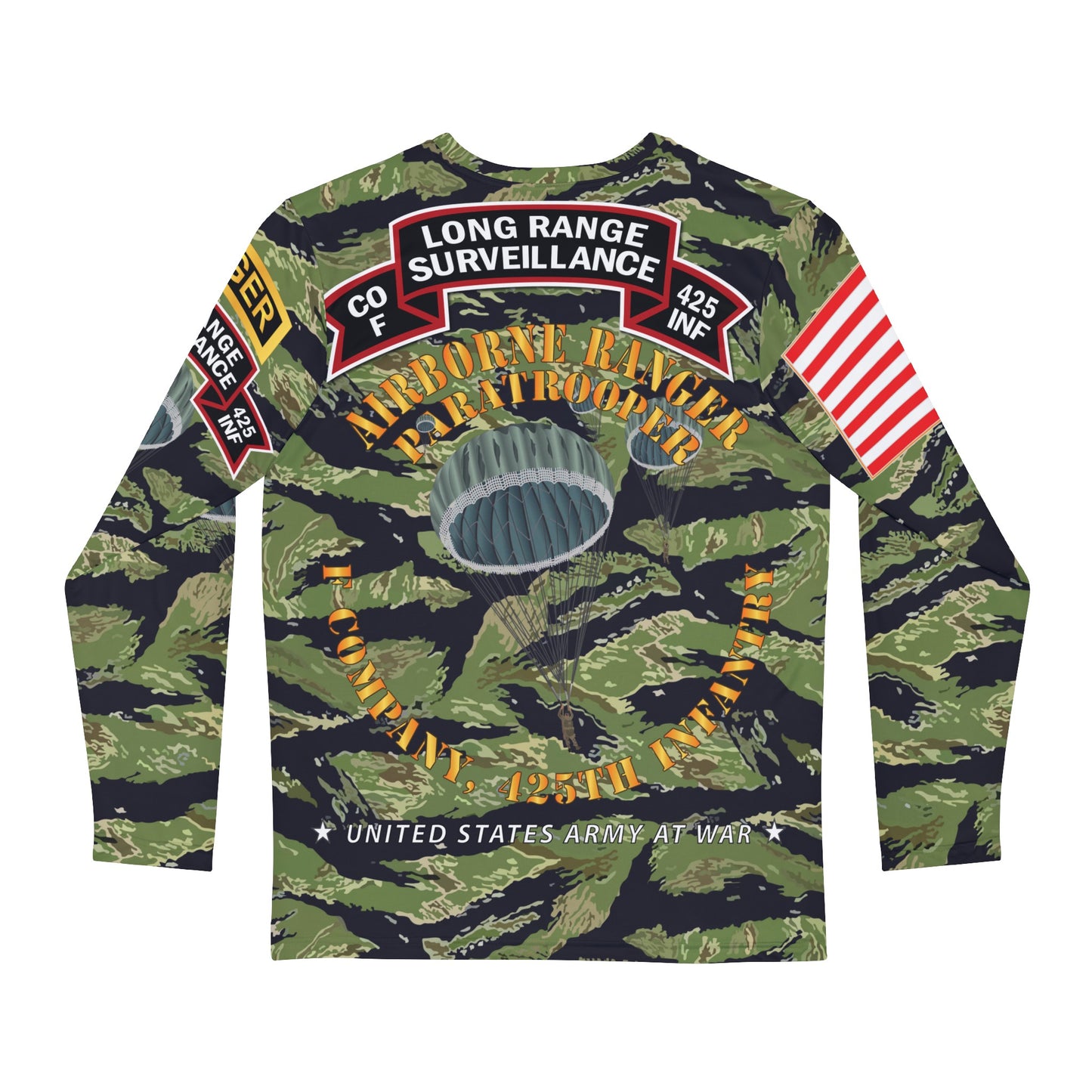 Men's Long Sleeve Shirt (AOP) - F Company, 425th Long Range Surveillance (RANGER) - Military Tiger Stripe Jungle Camouflage Shirt