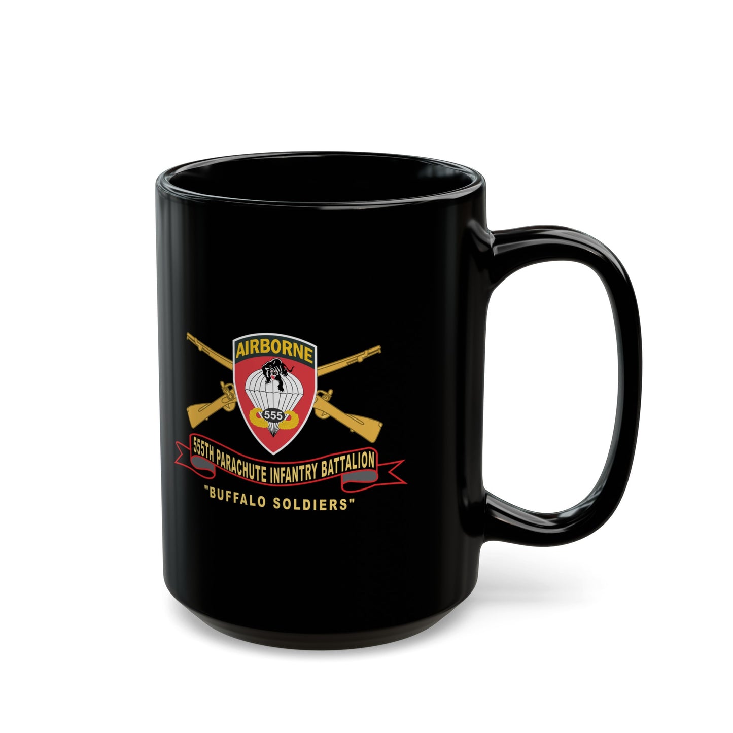 Black Mug 15oz - Army - 555th Parachute Infantry Battalion - SSI - Black - Red Buffalo Soldiers w Br - Ribbon X 300
