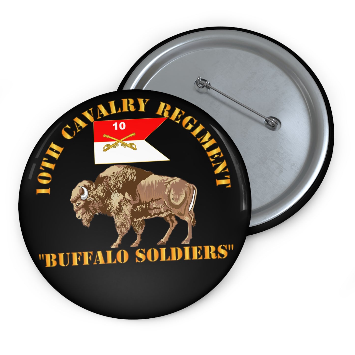 Custom Pin Button – Army - 10th Cavalry Regiment - Buffalo Soldiers w 10th Cav Guidon