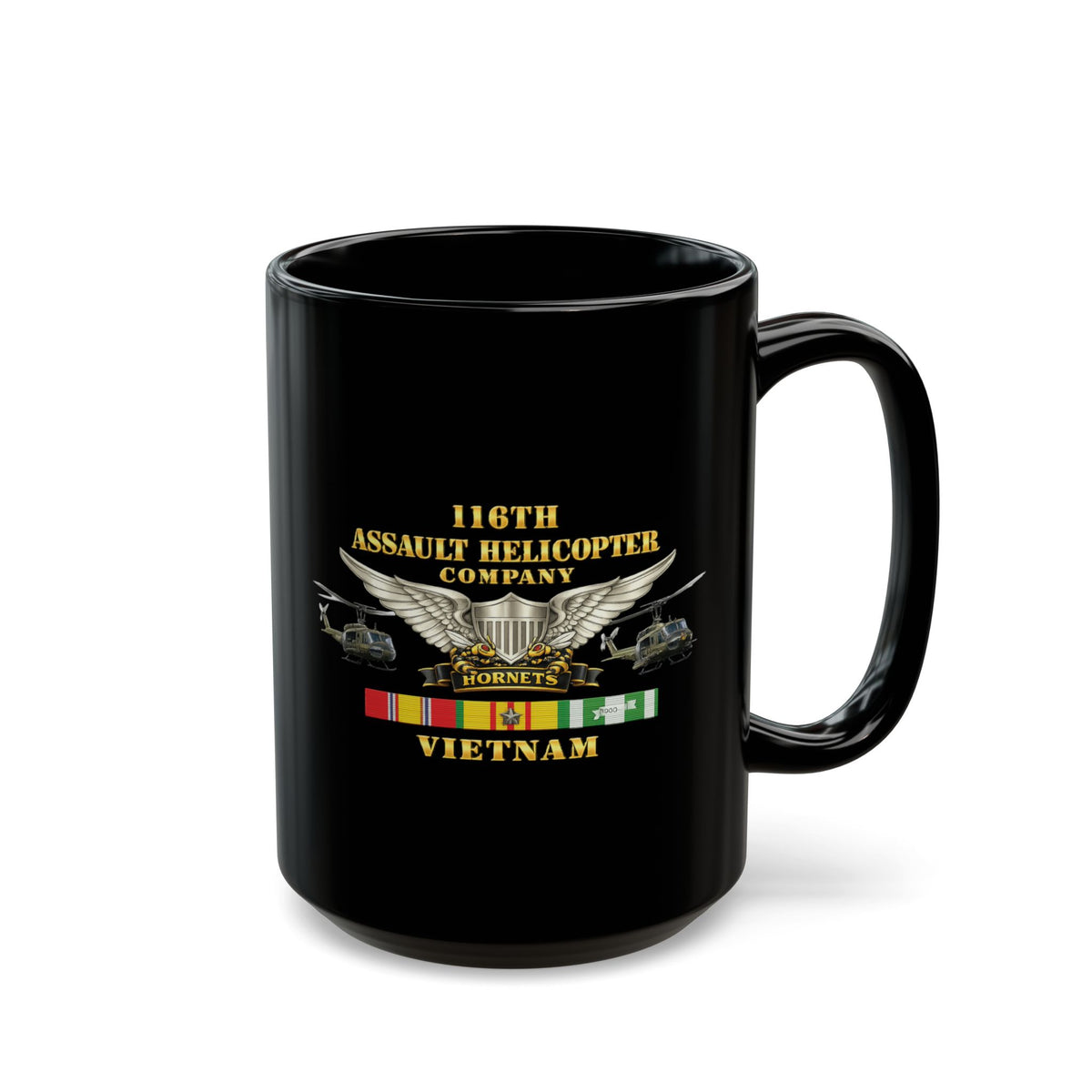 Black Mug (15oz) - Army - 116th Assault Helicopter Co w Aviator Badge w VN SVC - HORNETS - Side X Side - 3D - Enhanced