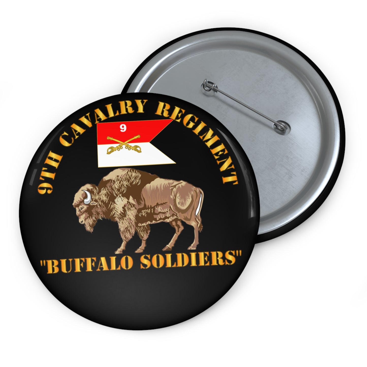 Custom Pin Button – Army - 9th Cavalry Regiment - Buffalo Soldiers w 9th Cav Guidon