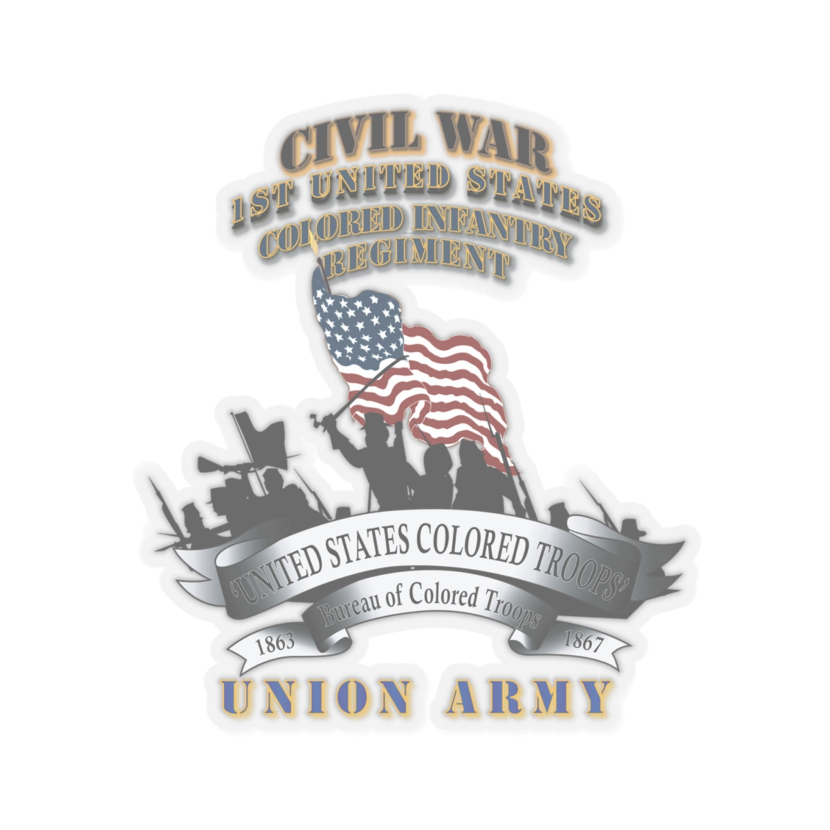 Kiss-Cut Stickers - Civil War - 1st United States Colored Infantry Regiment with USCT Bureau Banner - USA X 300