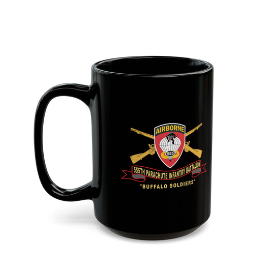 Black Mug 15oz - Army - 555th Parachute Infantry Battalion - SSI - Black - Red Buffalo Soldiers w Br - Ribbon X 300