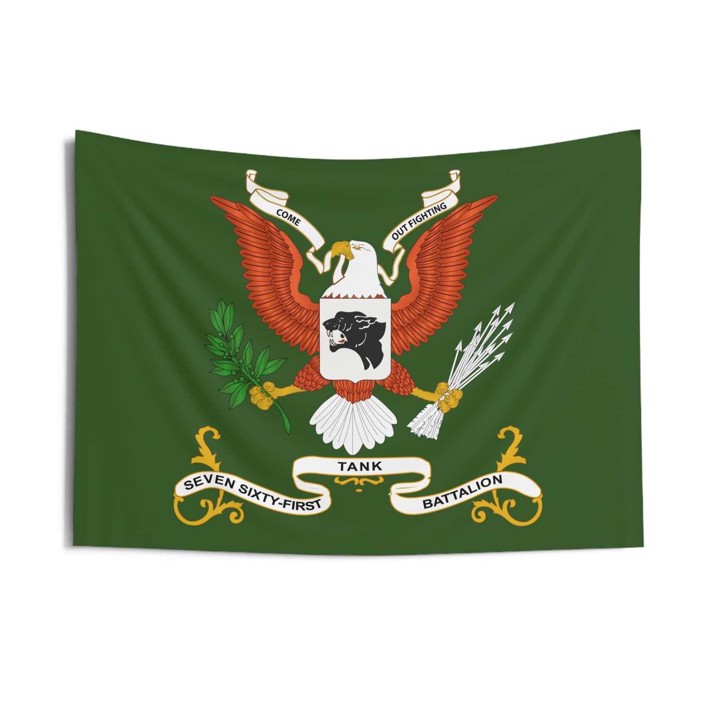 Indoor Wall Tapestries - 761st Tank Battalion - Battalion Colors Tapestry with Armor Branch Background - "Come Out Fighting"