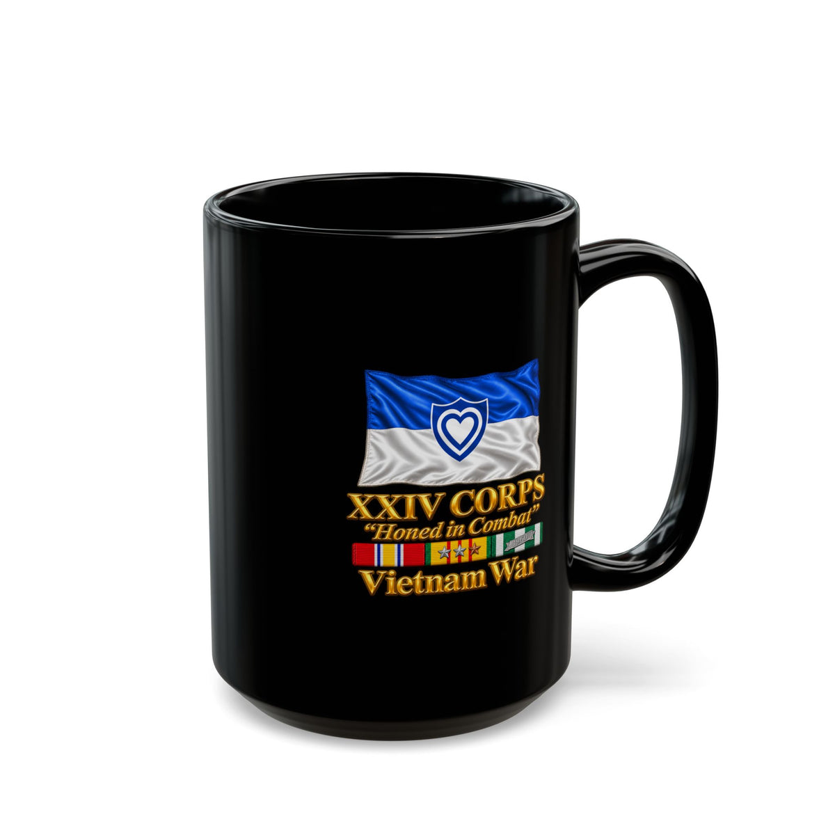 Black Mug (15oz) - Army - XXIV Corps Flag - Waving - Ribbons - Vietnam War - 3D - Transparent