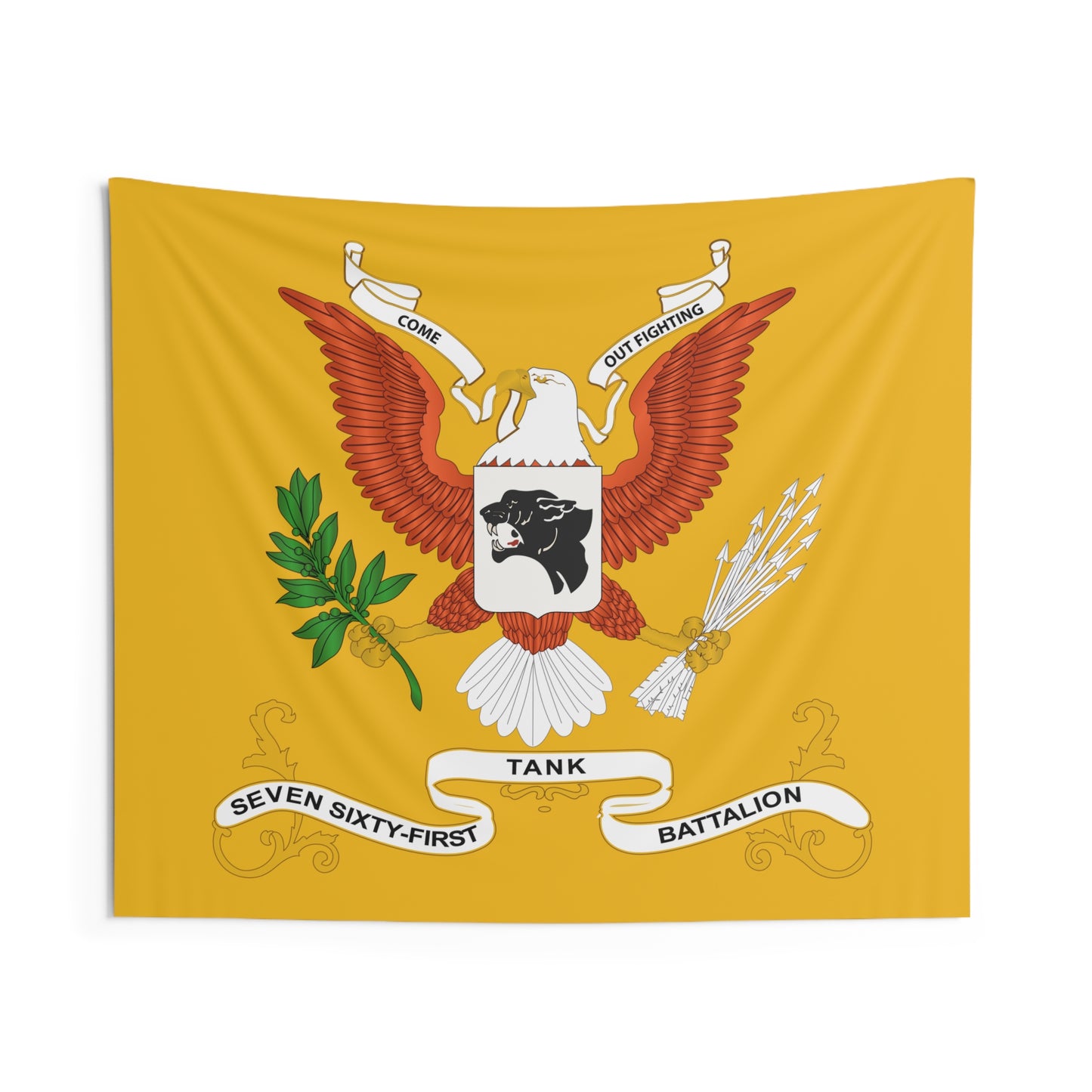 Indoor Wall Tapestries - 761st Tank Battalion - Battalion Colors Tapestry with Armor Branch Background - "Come Out Fighting"