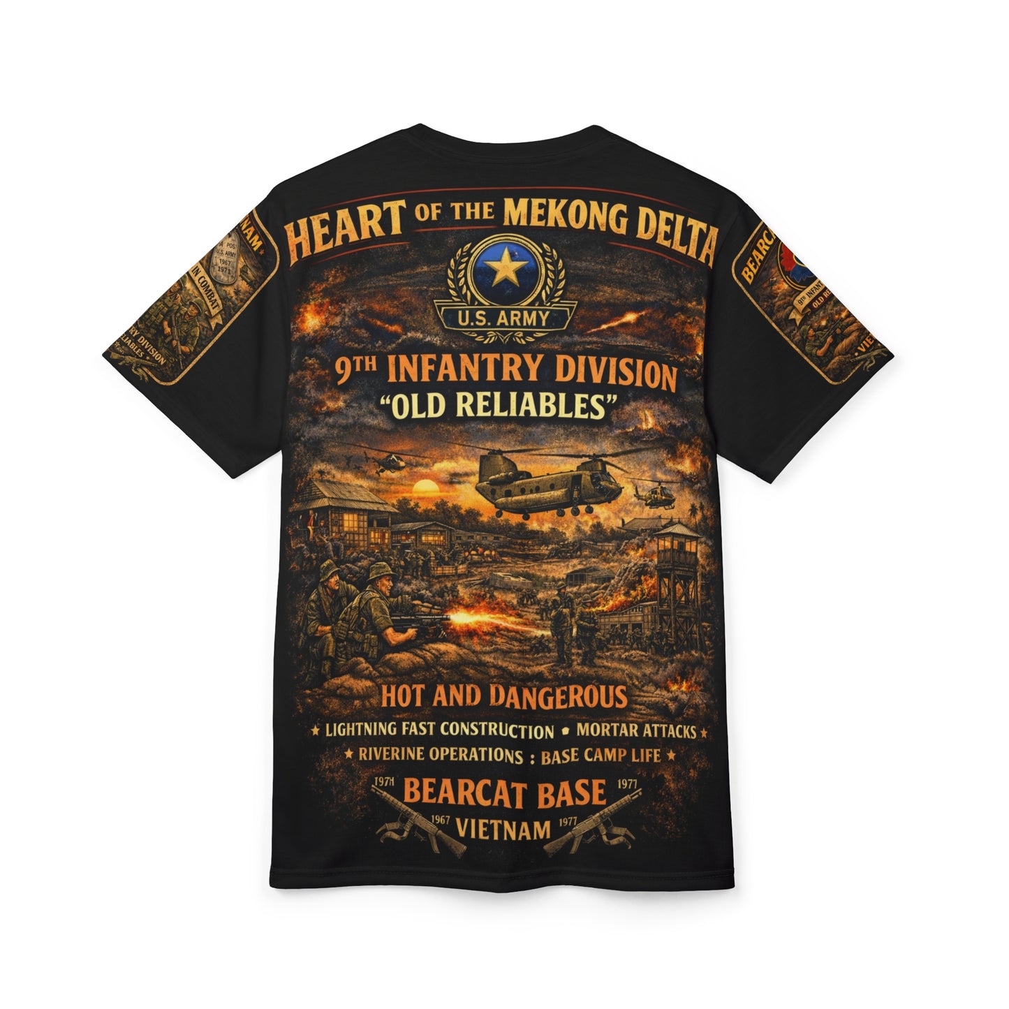 9th Infantry Division "Old Reliables" All‑Over Print Tee — Bearcat Base Vietnam