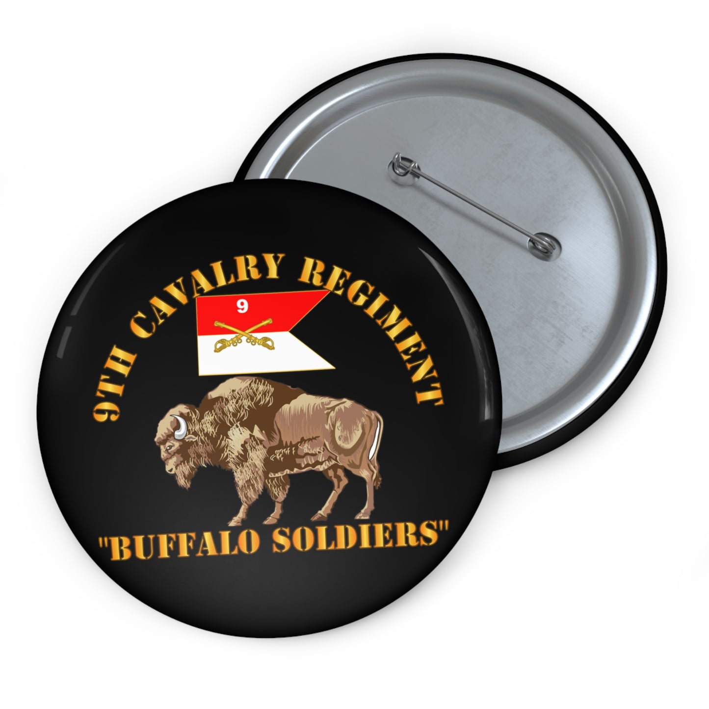 Custom Pin Buttons - Army - 9th Cavalry Regiment - Buffalo Soldiers w 9th Cav Guidon