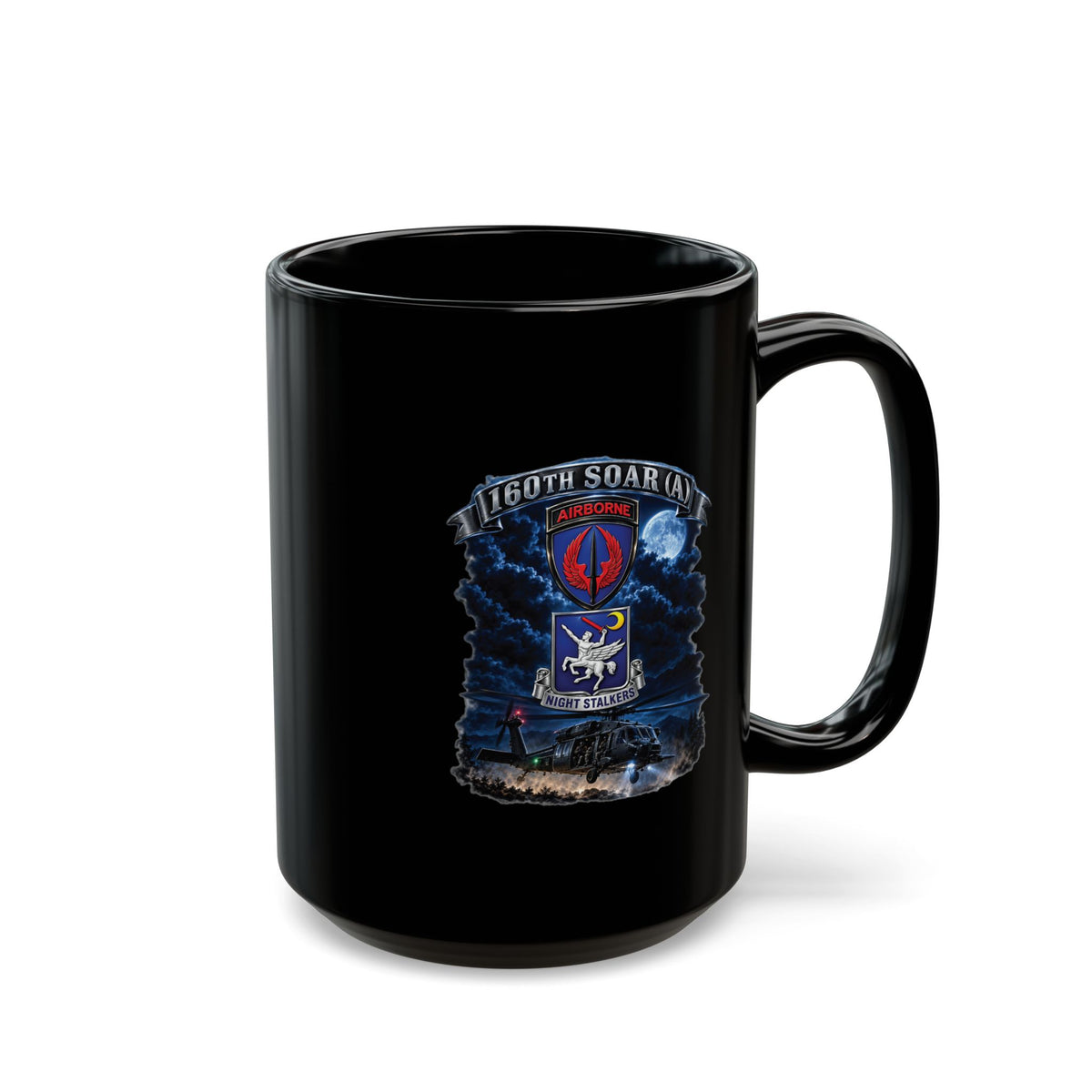 Black Mug (15oz) - USASOAC - SSI, 160th Special Operations Regiment Airborne DUI with Scene Blackhawk - 3D - Enhanced