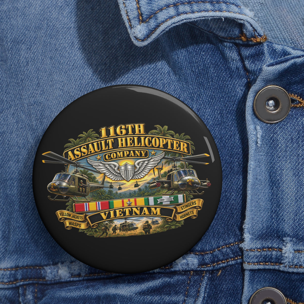 Custom Pin Buttons - Army - 116th Assault Helicopter Co w Aviator Badge w VN SVC - HORNETS - 3D - Enhanced