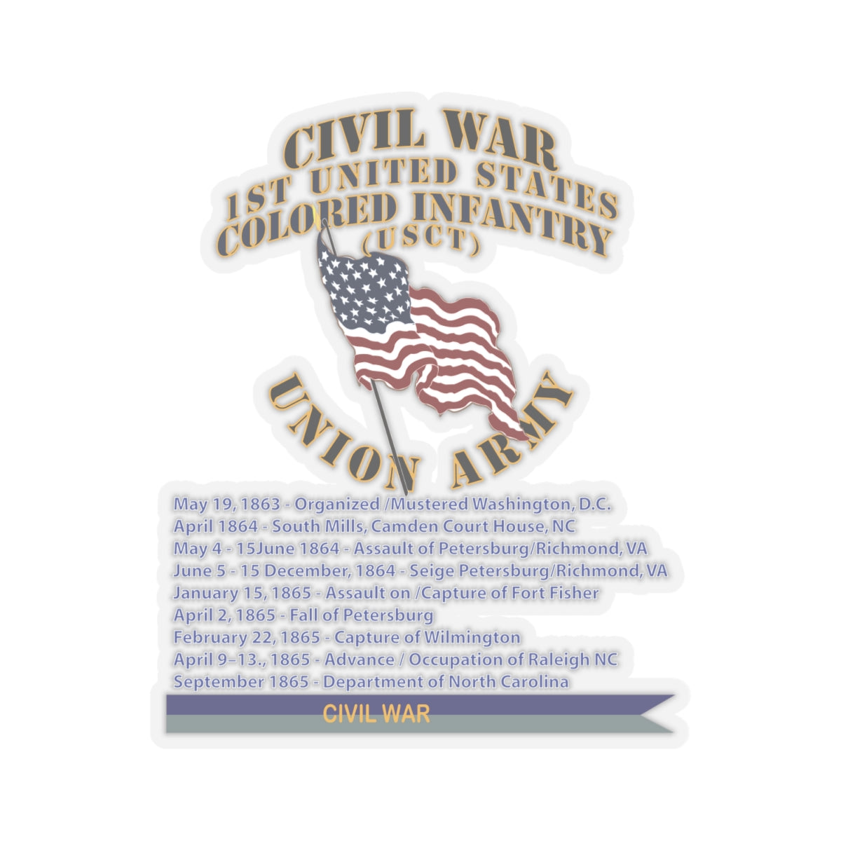 Kiss-Cut Stickers - Civil War - 1st United States Colored Infantry (USCT) - USA w Streamer Civil War X 300