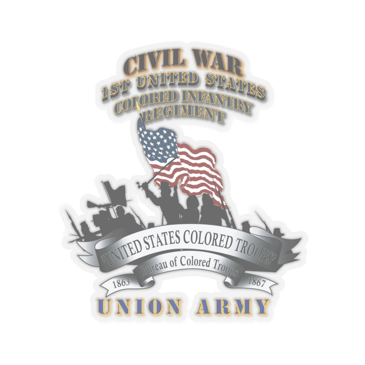 Kiss-Cut Stickers - Civil War - 1st United States Colored Infantry Regiment with USCT Bureau Banner - USA X 300