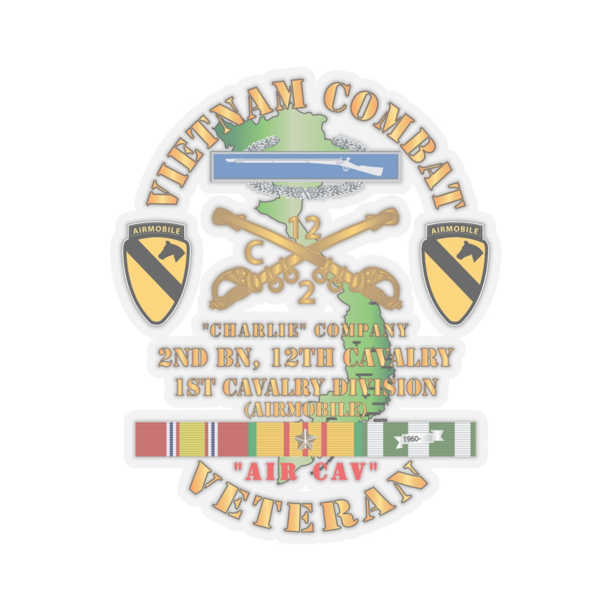 Kiss-Cut Stickers - Army - Vietnam Combat Cavalry Veteran w C Company 2nd Bn 12th Cav w CIB - 1st Cav Div X 300