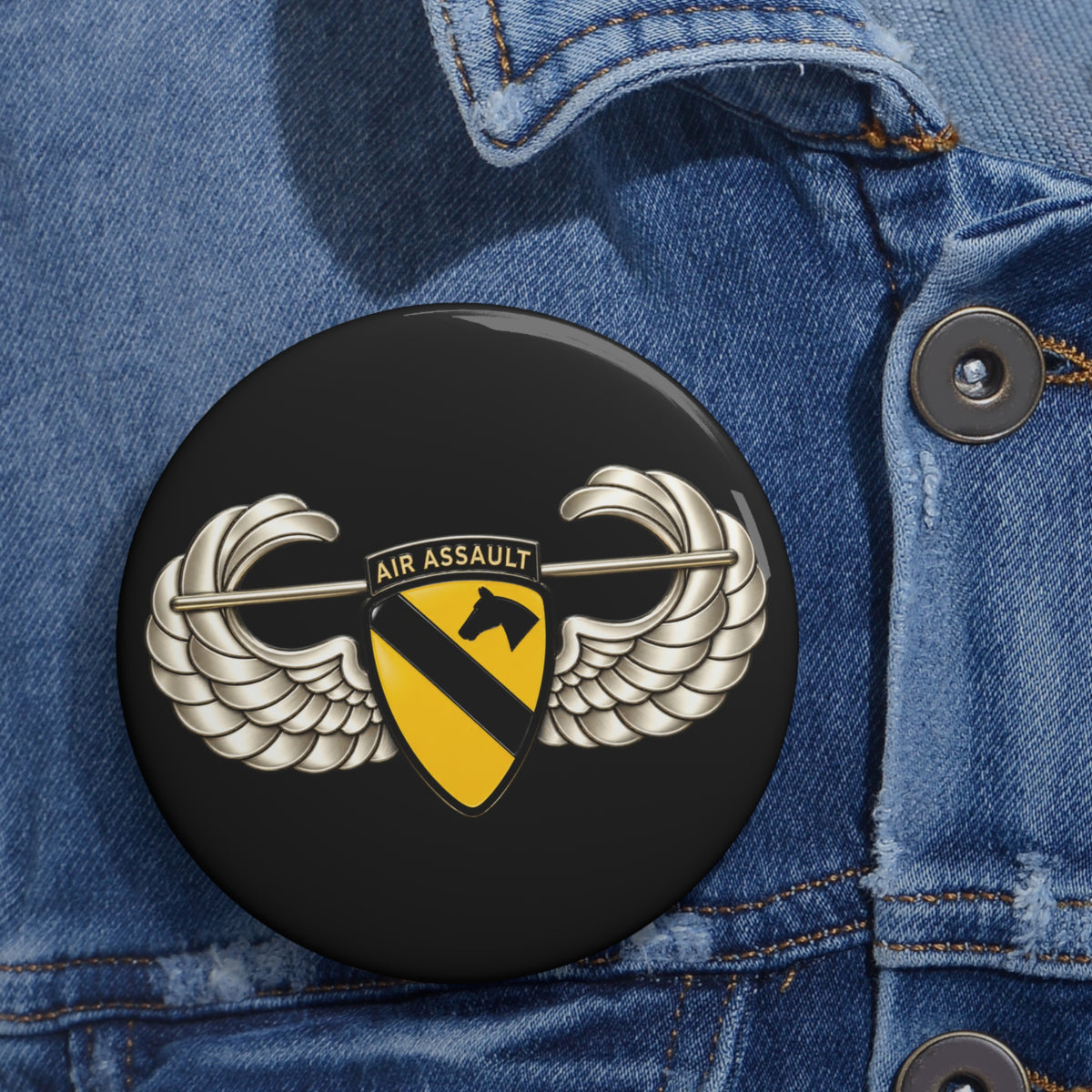 Custom Pin Buttons - 1st Cavalry Division w Air Assault Tab on Airborne Badge wo Txt - 3D - Transparent