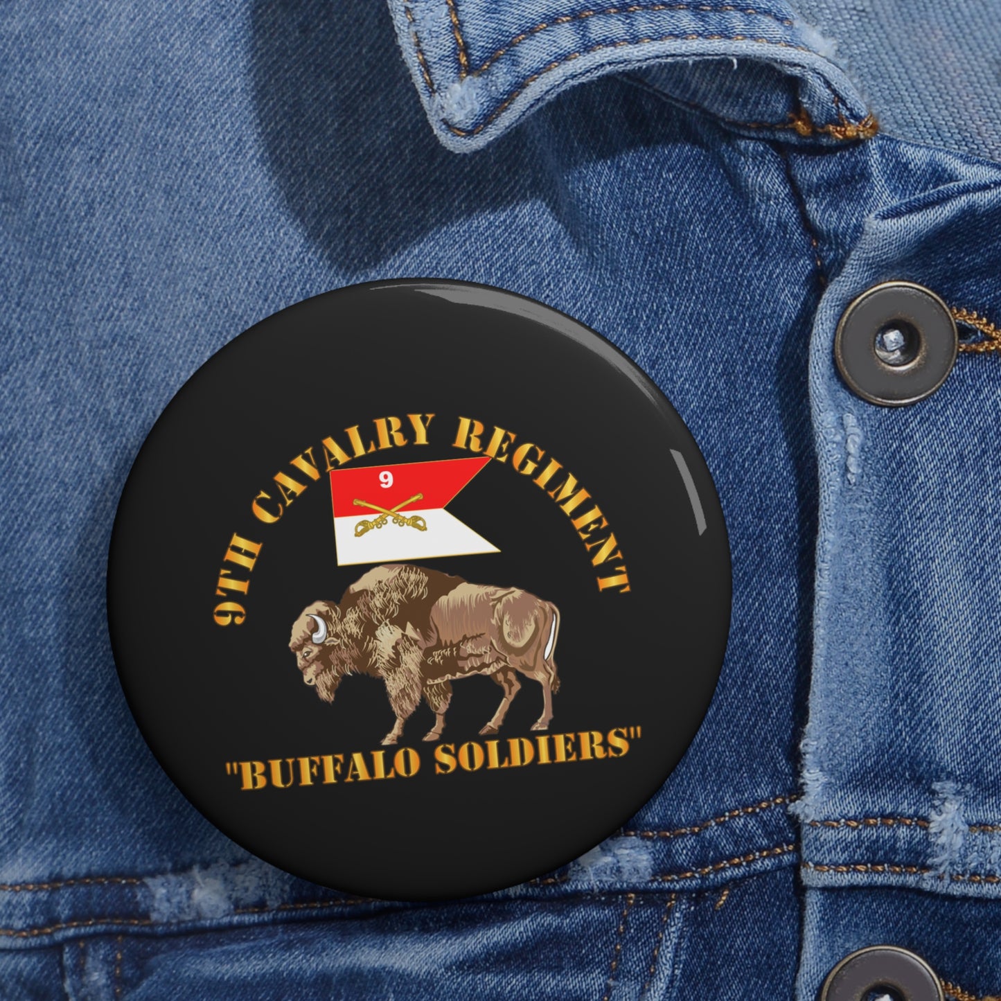Custom Pin Buttons - Army - 9th Cavalry Regiment - Buffalo Soldiers w 9th Cav Guidon