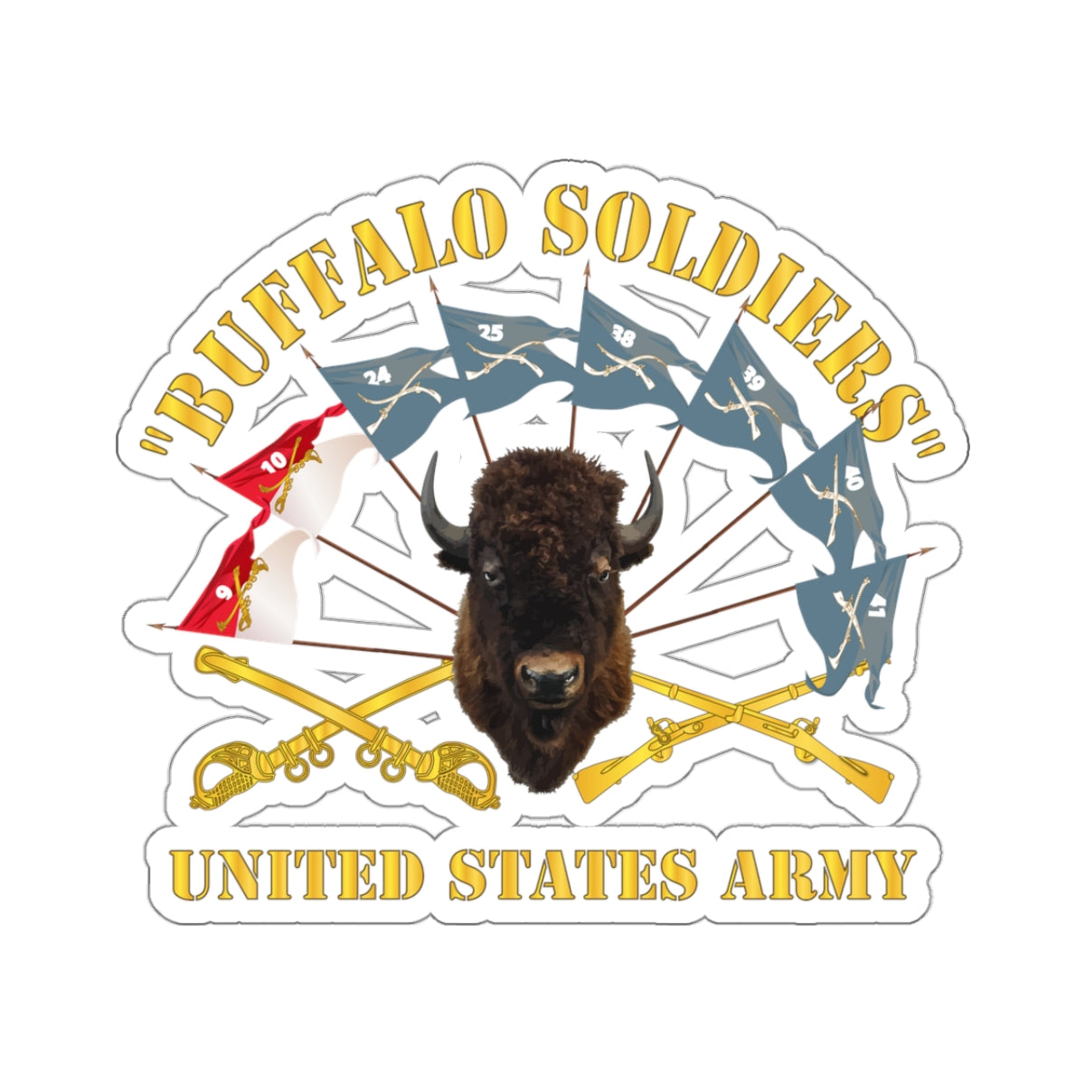 Kiss-Cut Stickers - Army - Buffalo Soldiers - Infantry - Cavalry Guidons w Buffalo Head - US Army X 300
