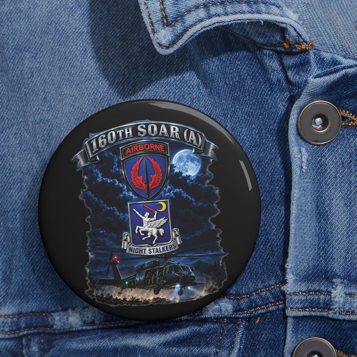 Custom Pin Buttons - USASOAC - SSI, 160th Special Operations Regiment Airborne DUI with Scene Blackhawk - 3D - Enhanced
