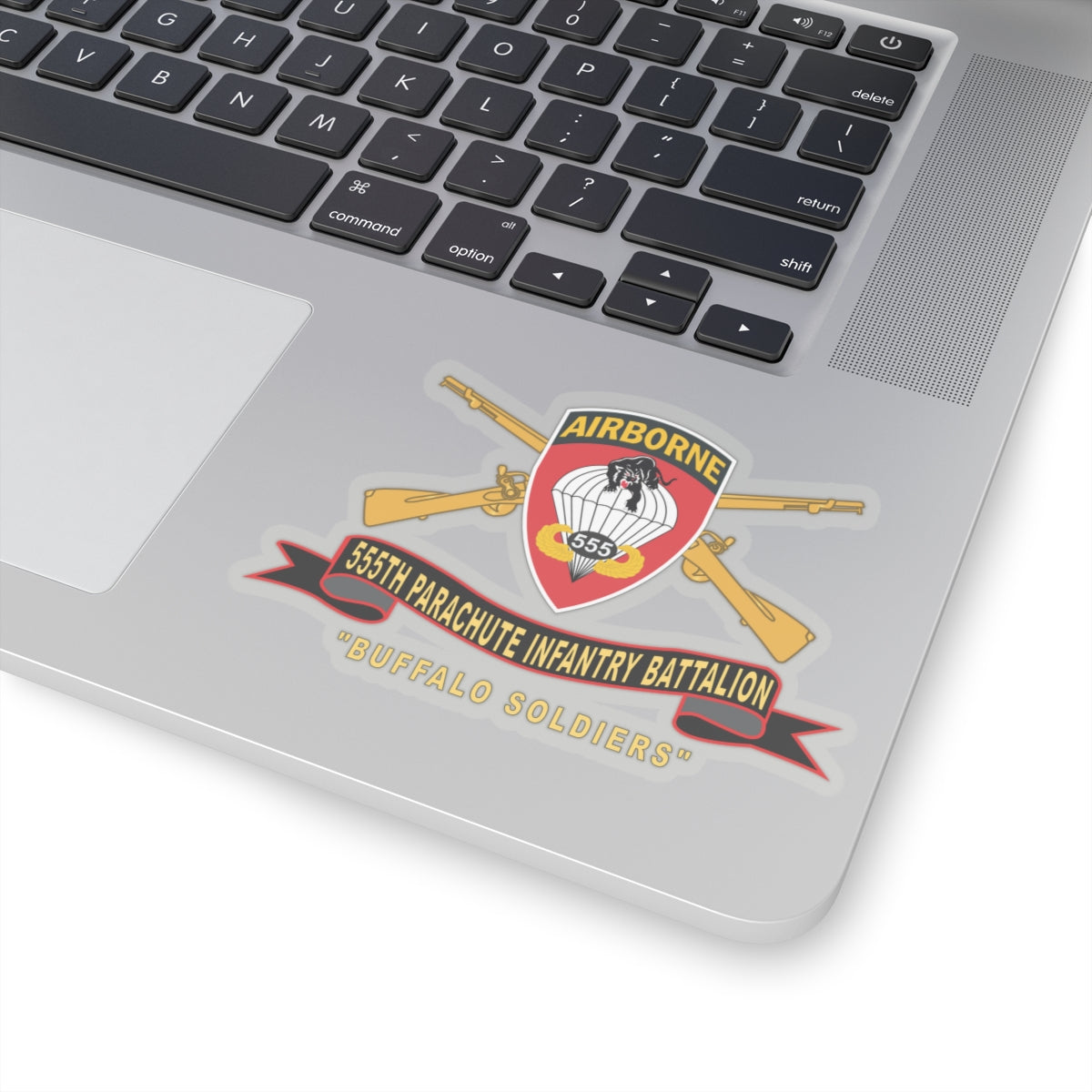 Kiss-Cut Stickers - Army - 555th Parachute Infantry Battalion - SSI - Black - Red Buffalo Soldiers w Br - Ribbon X 300