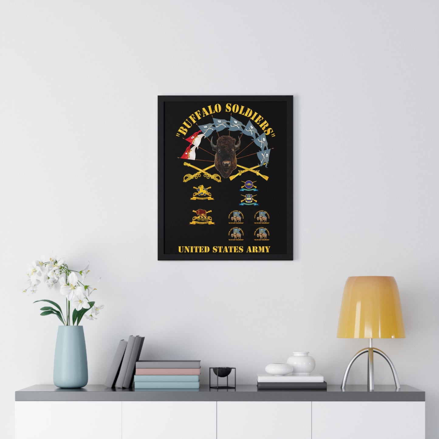 Premium Framed Vertical Poster - Buffalo Soldiers - Infantry - Cavalry Guidons with Buffalo Head  and Unit Crests - US Army