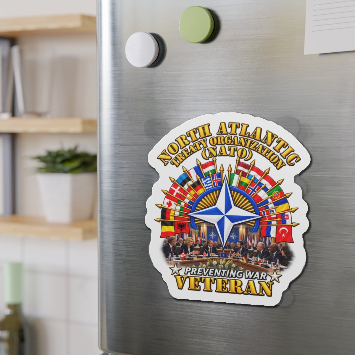 Die-Cut Magnets — NATO - Polished NATO Veteran - with flags - Meeting Scene - 3D - Transparent