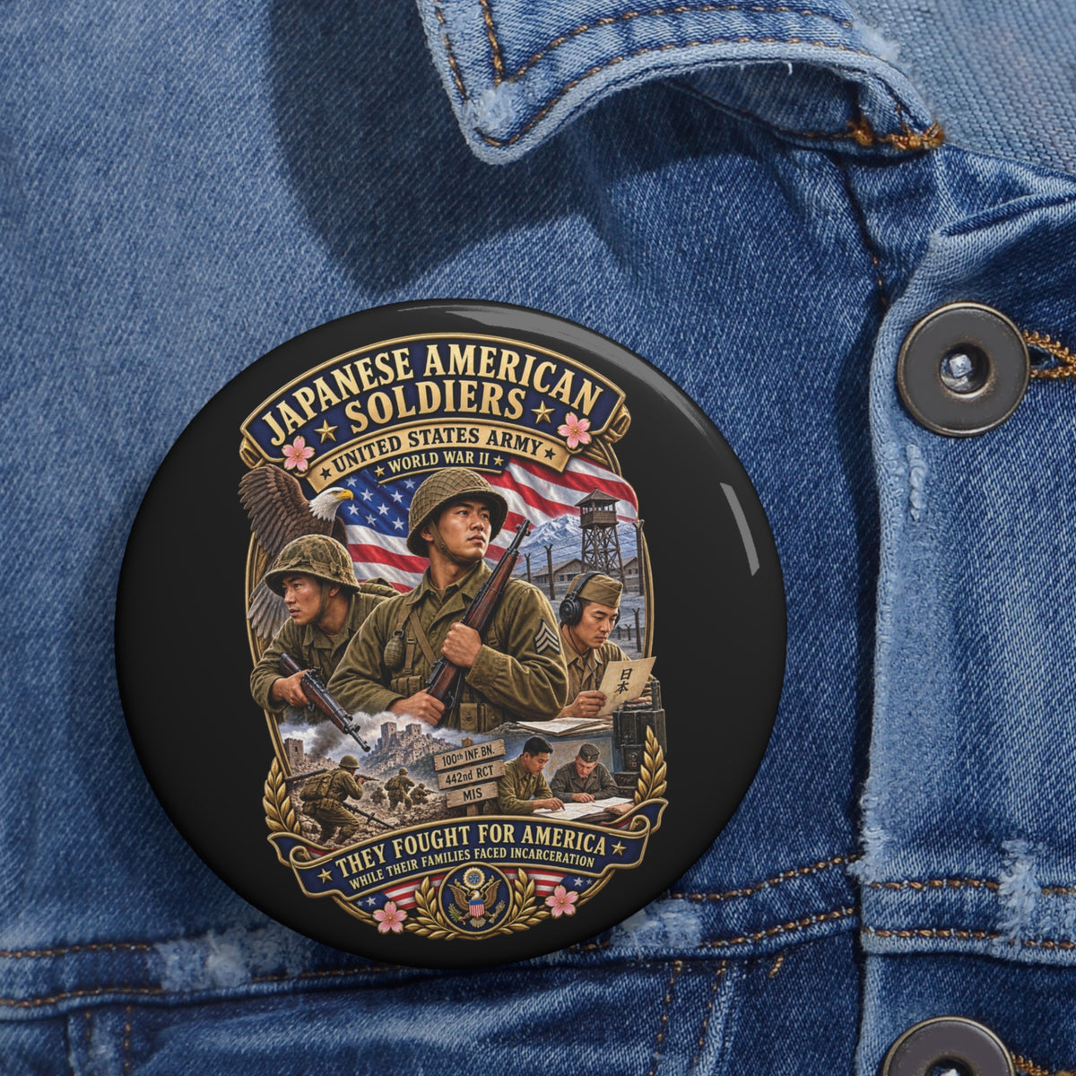 Custom Pin Buttons - Japanese American WWII Soldiers - 3D - Enhanced