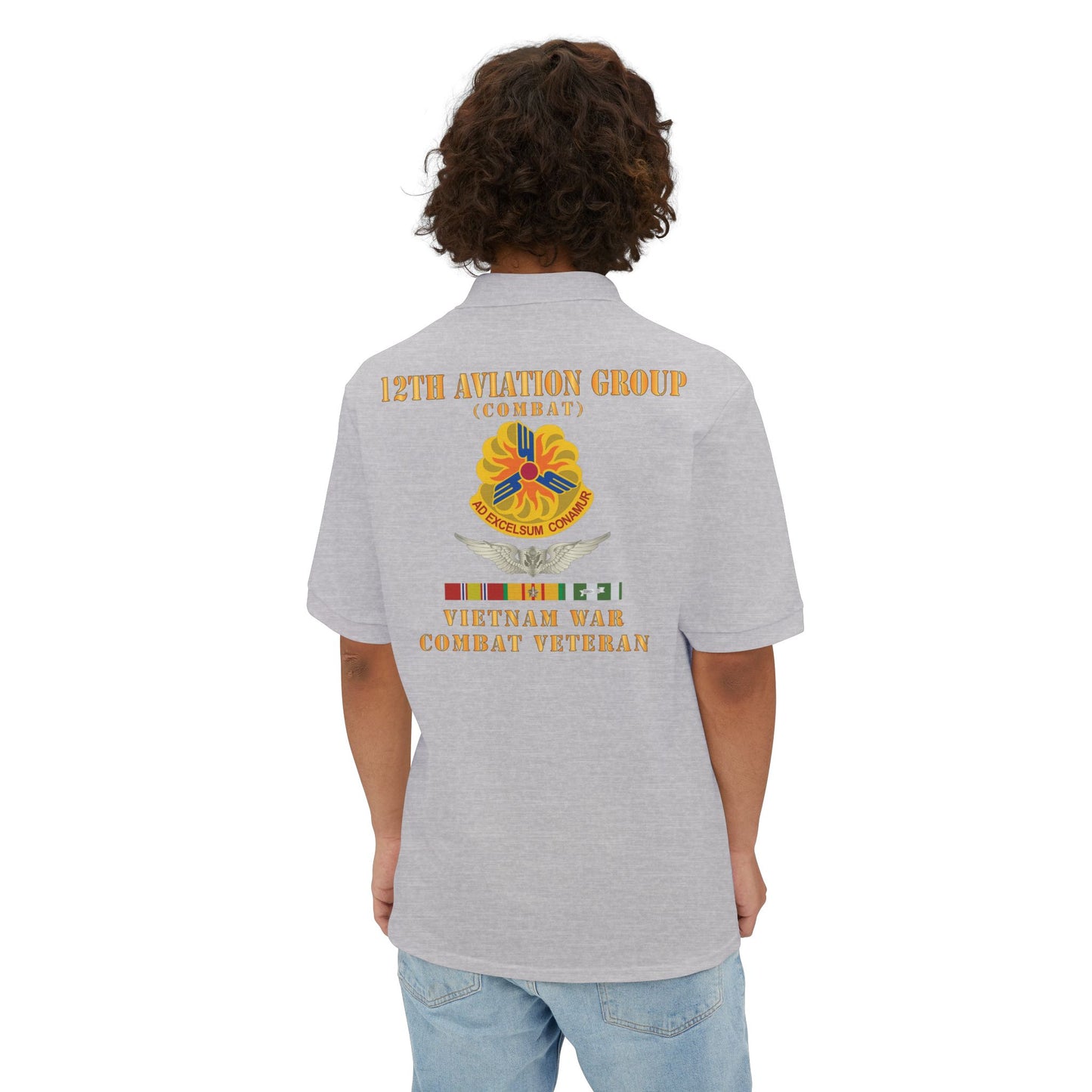 Men's Casual Piqué Polo - Army - 12th  AVN Group, Combat -  DUI - Aircrew, Vietnam War - Veteran VN SVC X 300
