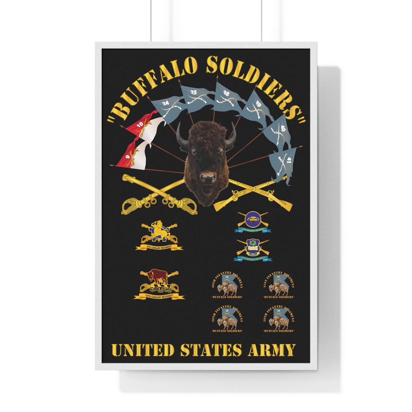 Vertical Framed Poster - Buffalo Soldiers Infantry Cavalry Guidons with Buffalo Head and Unit Crests US Army