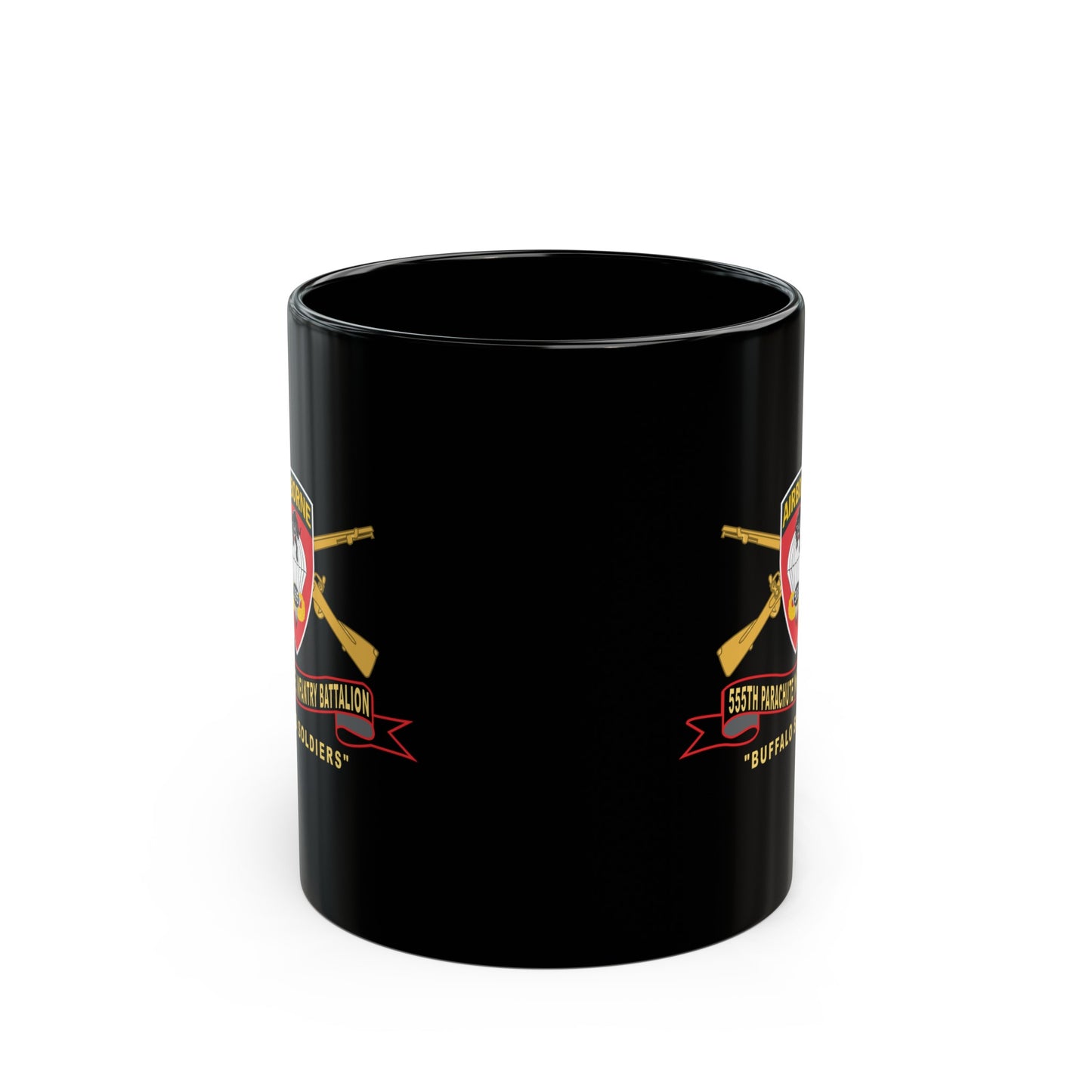Black Mug 15oz - Army - 555th Parachute Infantry Battalion - SSI - Black - Red Buffalo Soldiers w Br - Ribbon X 300