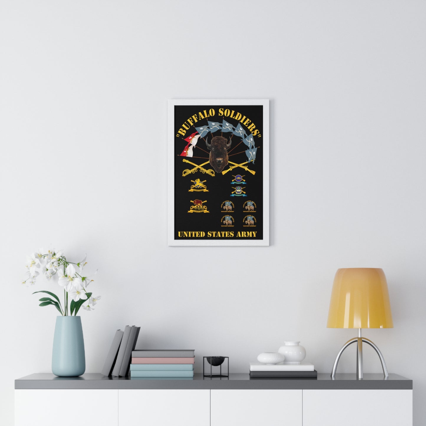 Premium Framed Vertical Poster - Buffalo Soldiers - Infantry - Cavalry Guidons with Buffalo Head  and Unit Crests - US Army