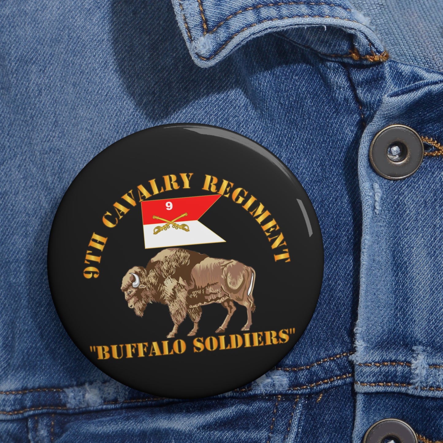 Custom Pin Buttons - Army - 9th Cavalry Regiment - Buffalo Soldiers w 9th Cav Guidon