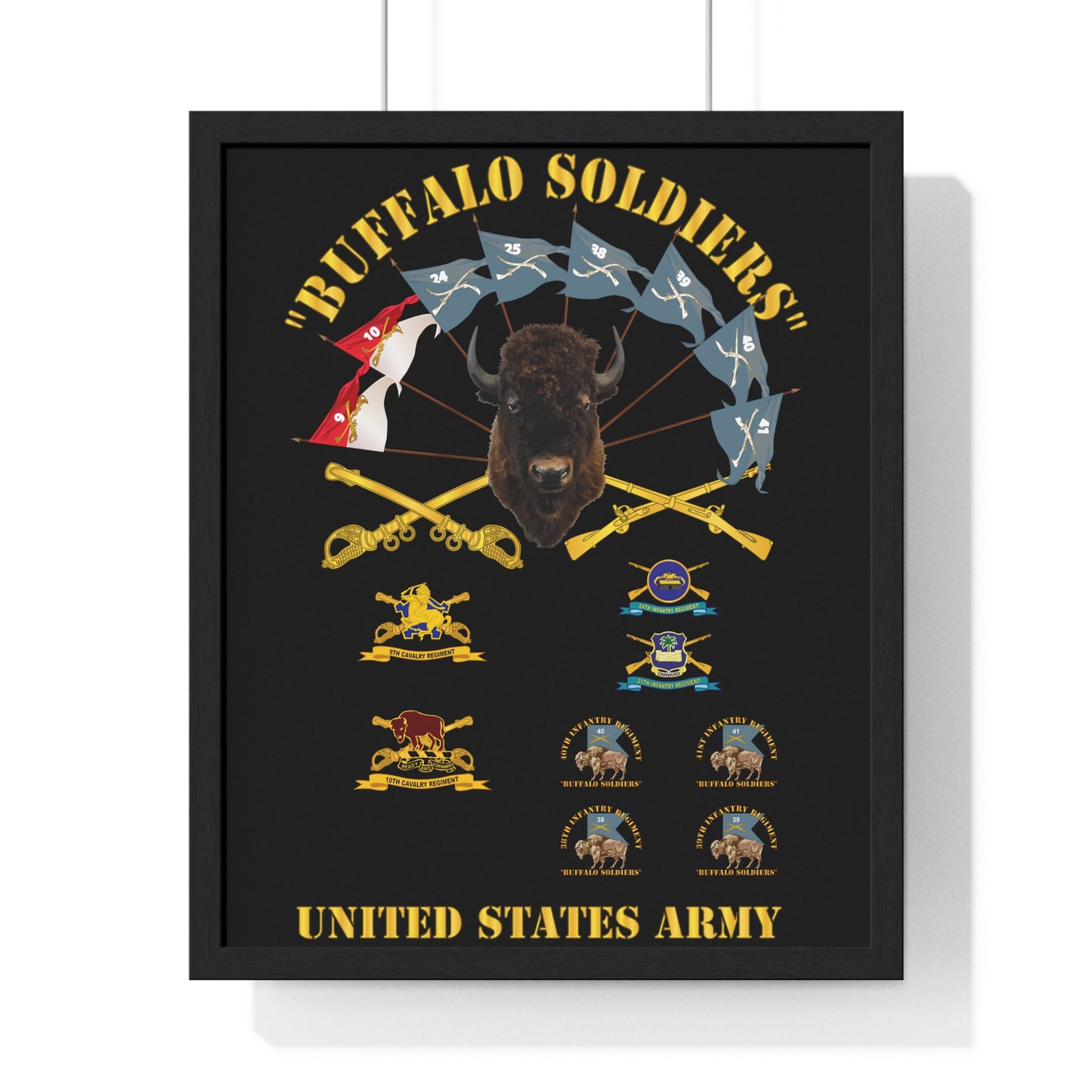 Vertical Framed Poster - Buffalo Soldiers Infantry Cavalry Guidons with Buffalo Head and Unit Crests US Army