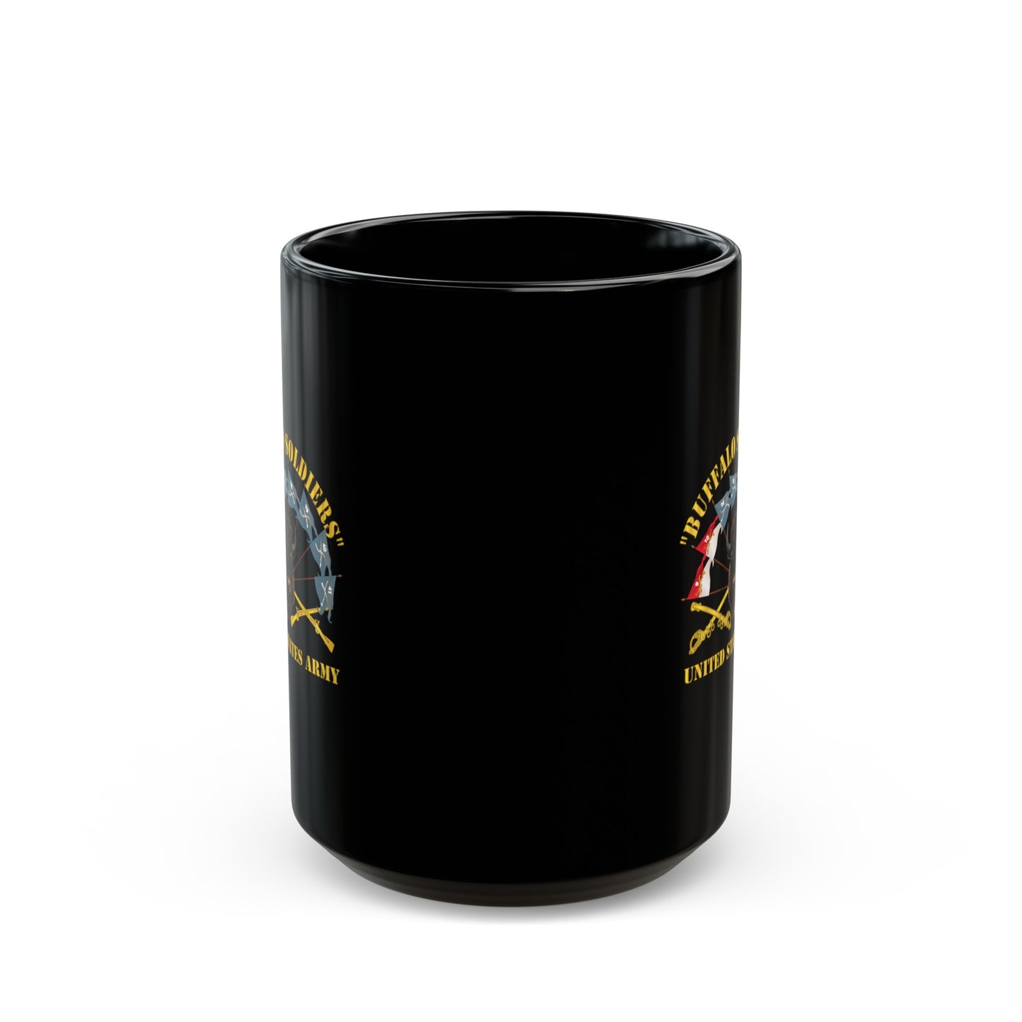 Black Mug 15oz - Army - Buffalo Soldiers - Infantry - Cavalry Guidons w Buffalo Head - US Army X 300