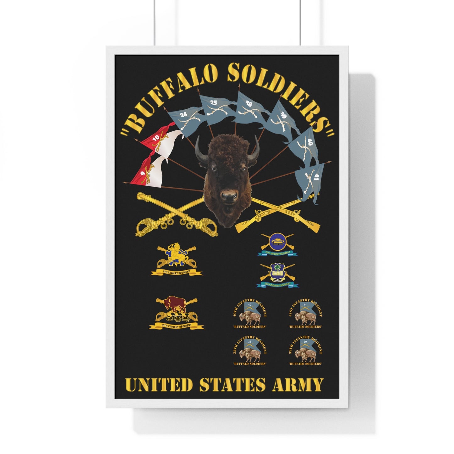 Vertical Framed Poster - Buffalo Soldiers Infantry Cavalry Guidons with Buffalo Head and Unit Crests US Army