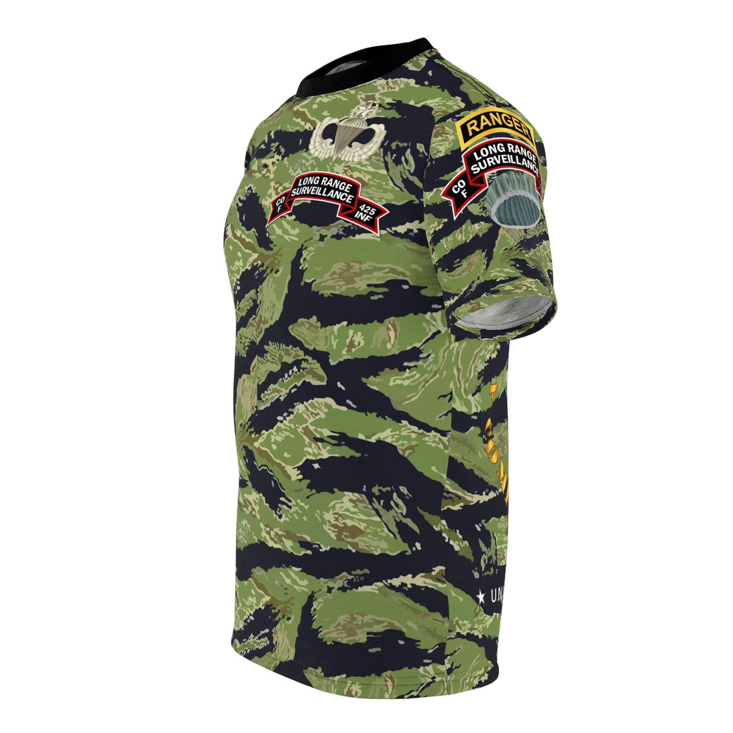 Unisex AOP Tee - F Company, 425th Long Range Surveillance (RANGER) - Military Tiger Stripe Jungle Camouflage w Jumpmaster Wing