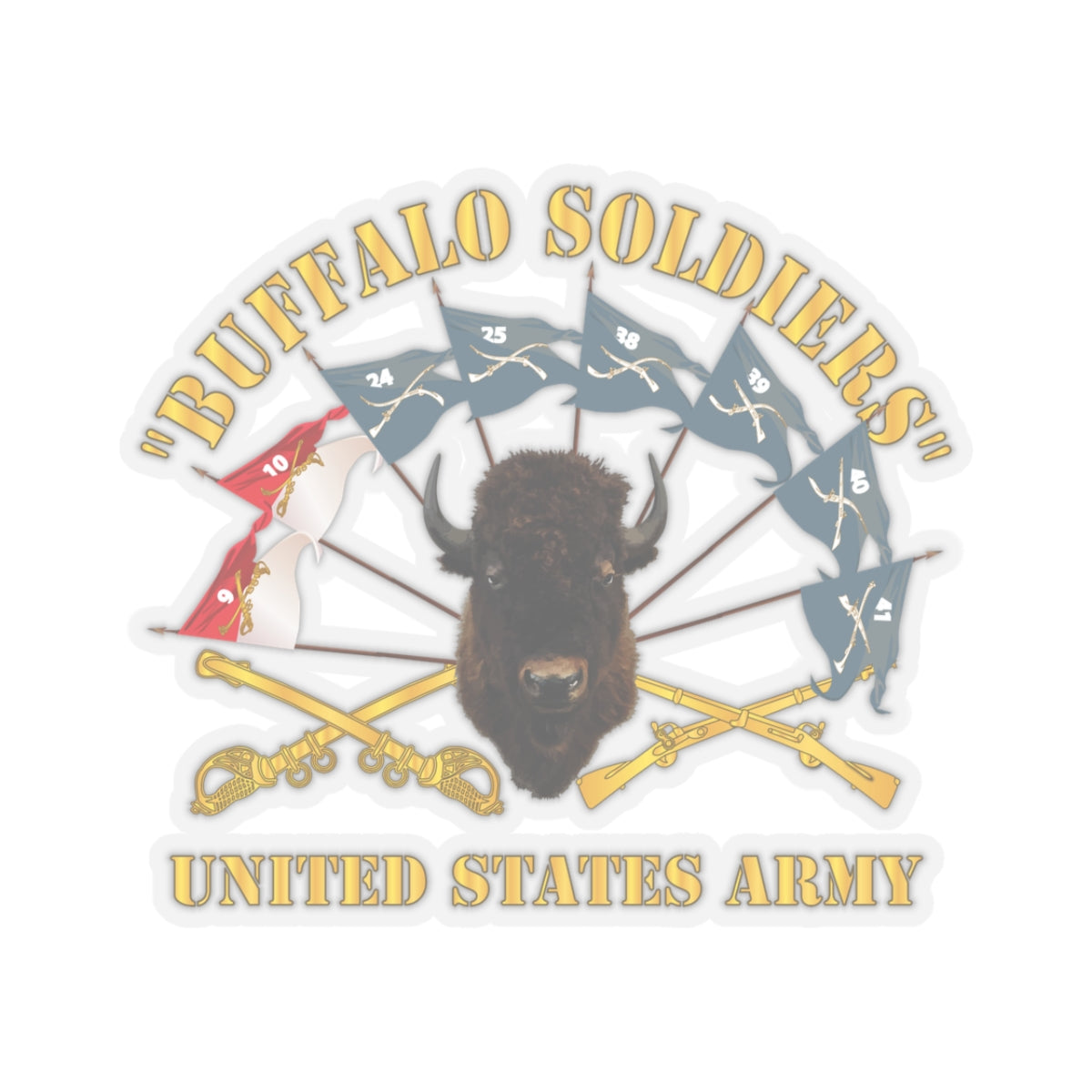 Kiss-Cut Stickers - Army - Buffalo Soldiers - Infantry - Cavalry Guidons w Buffalo Head - US Army X 300